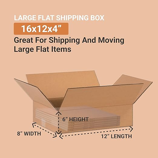 BOX USA Shipping Boxes Flat 16"L x 12"W x 4"H 25-Pack - Corrugated Cardboard Box for Moving, Mailing, Packing, Packaging and Storage