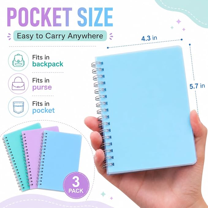 Spiral Notebook, 3 Pack Small Notebooks 4.3''x 5.7'',Mini Ruled Lined Journal, 480 Pages, College School Supplies Pocket Notebook for Work, Aesthetic Gift Office Supplies for Teen Girls,Boys | Cute Mini Notebook with Water Resistant Cover, 480 Pages To...