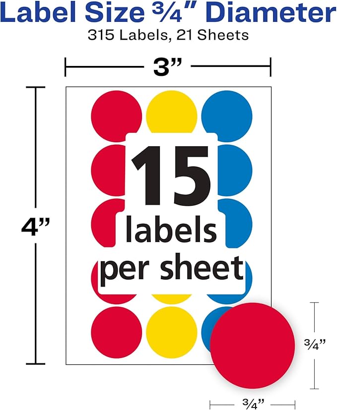 Avery Color-Coding Removable Labels, 3/4 Inch Round Labels, Assorted Colors, Non-Printable, 315 Dot Stickers Total (6167)