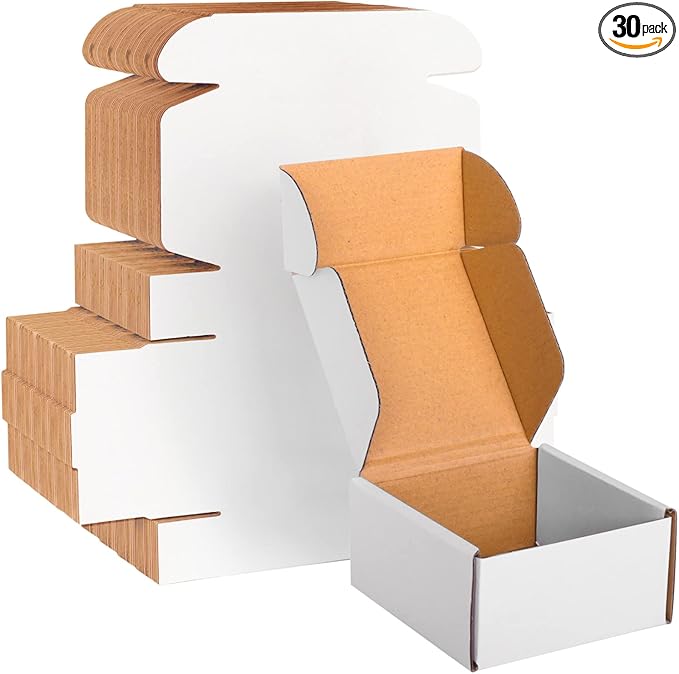 4x4x2 White Cardboard Boxes - 30 Pack Small Shipping Boxes for Small Business Mailing, Corrugated Packaging
