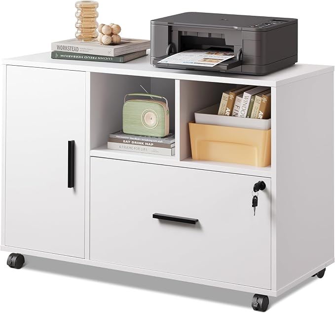 DEVAISE Office File Cabinet with Lock, 1-Drawer Wood Lateral Filing Cabinet on Wheels, Printer Stand with Open Storage Shelves for Home Office, White | Locking & Rolling, Lateral Filing Cabinet, Doors and Shelves, Fits Legal/letter/A4, for Home Office,...
