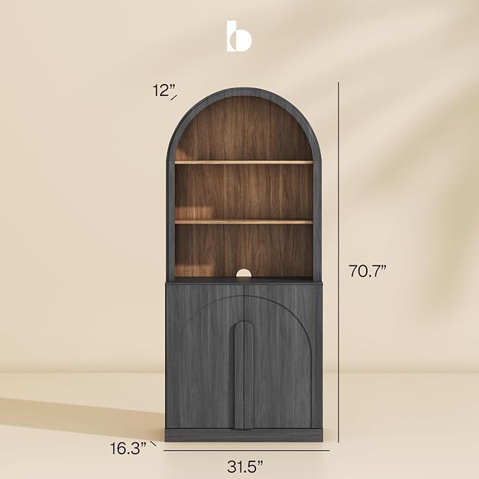 BELLEZE Arched Bookshelf with Adjustable Shelf, 71" Tall Curio Display Cabinet with Wood Door, 5 Tier Modern Bookcase Shelf with Storage for Living Room Office, Ebony