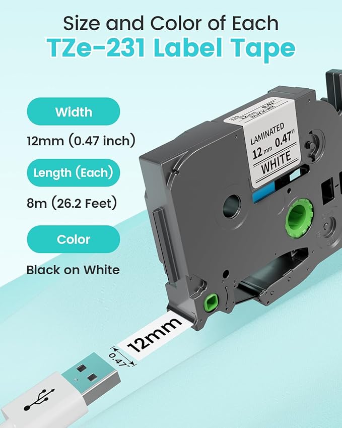 Label Maker Tape Refill Tze TZ Tape 12mm 0.47 Laminated White Compatible with Brother 12mm .47 Laminated White Tz Tape TZe-231 TZ-231 for PT-D200 D210 D220 H110 D410 P710BT 1750 1180 1880 2040, 4-Pack