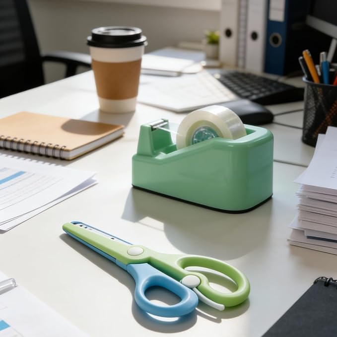 Desktop Tape Dispenser Kits with Weighted Nonskid Base Tape Dispenser- Includes 9 Rolls of Transparent Tape(0.71 Inch x 500 inches Each) & Blue Scissors, 2 Pcs Tweezers (Green)