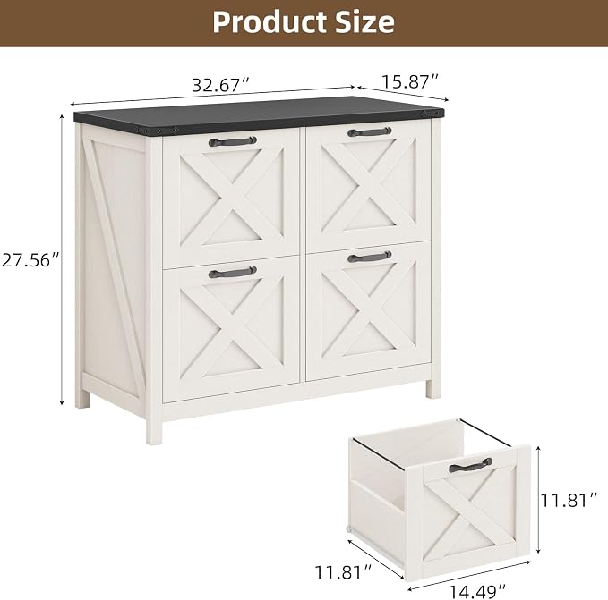 Halitaa Farmhouse Lateral File Cabinet with 4 Drawers, White and Black | Lateral Filing Cabinet for Letter/A4 Size Hanging File, Wood File Storage Cabinet Printer Stand for Home Office Cabinet