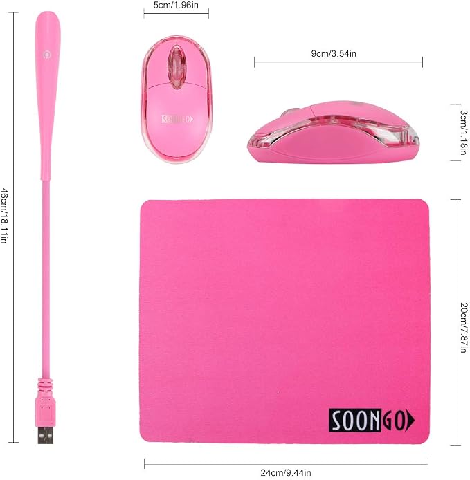 SOON GO Pink Mouse and Pad USB LED Light 3 in 1 Gift Comb Kids Mouse for Laptop Home Office Travel