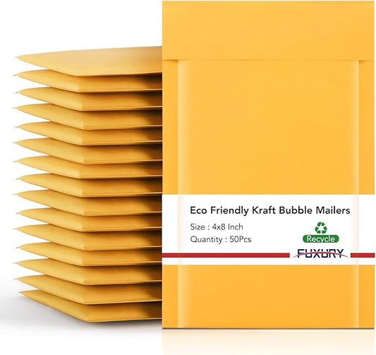 Fuxury Kraft Bubble Mailer 4x8” 50Pack Padded Envelopes Usable Size 4x7" Strong Adhesion Thick Bubble Envelopes Waterproof Cushioned Bubble Mailers Packaging for Small Business #000 Yellow