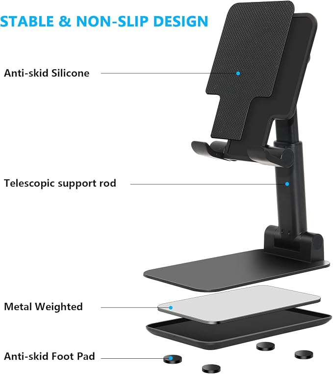 2 Pack Phone Stand for Desk, Angle & Height Adjustable Phone Holder | Fully Foldable & Portable, Compatible with All Under 6.5" Smartphones, Ideal for Home, Office & Travel Use, Black & Black