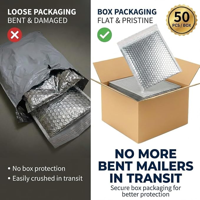 50 Pack 8x10 Inch Insulated Bubble Mailers for Cold Shipping, Silver Foil | Metallic Thermal Padded Shipping Bags with Self-seal Closure, Water-resistant and Protective Bubble Cushioning Envelopes
