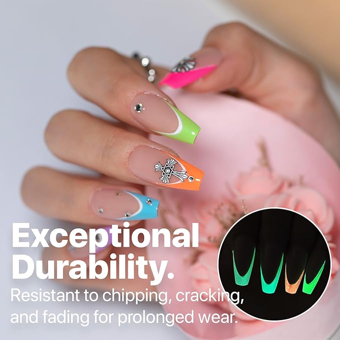 SXC Cosmetics X-Pro Tips French Tip Press On Nails - Bright Pastel Glow in the Dark Series (GLOW120-M Coffin)