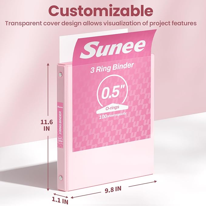 SUNEE 3 Ring Binder 1/2 Inch 1 Pack, Clear View Binder Three Ring PVC-Free (Fit 8.5x11 Inches) for School or Office Supplies, Pink