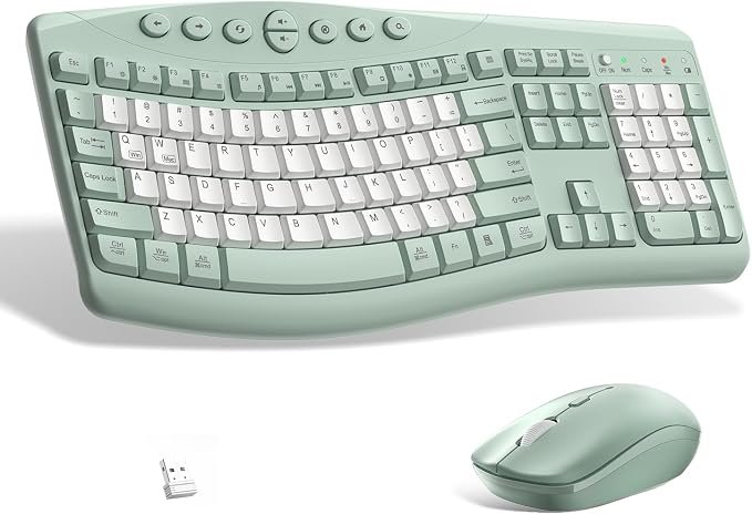 Wireless Keyboard and Mouse Combo Silent Ergonomic Curved Design for Office | 2.4G Full Size Cordless Keyboard with Tilt Legs,3-Level DPI Quite Mouse for Windows,Mac OS/Desktop/Laptop/PC