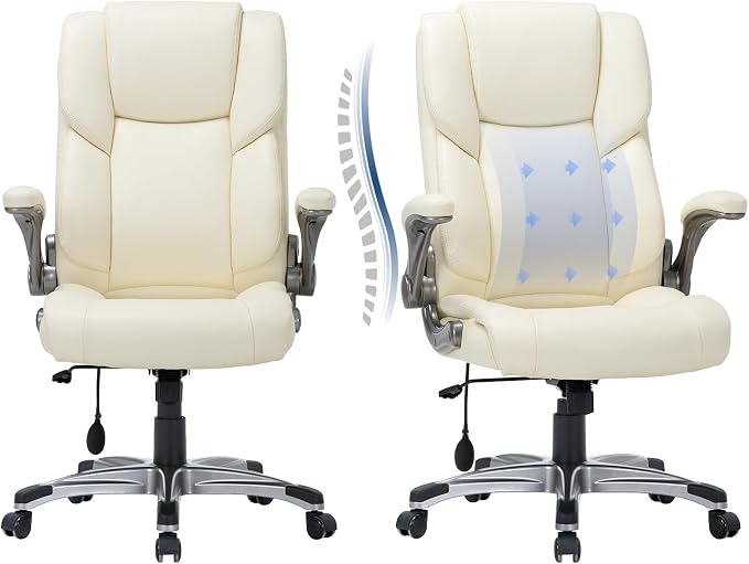 COLAMY Leather Executive Office Chair- High Back Home Computer Desk Chair with Padded Flip-up Arms, Adjustable Tilt Lock, Swivel Rolling Ergonomic Chair for Adult Working Study-Lvory, Set of 2