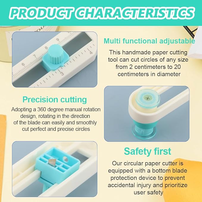 Circle Cutter, Adjustable Any Size 2-20CM DIY Circle Paper Cutter with 4PCS Replacement Blades for Crafts, Come with Bottom Blade Guard, Easy Operation and Smooth Cutting