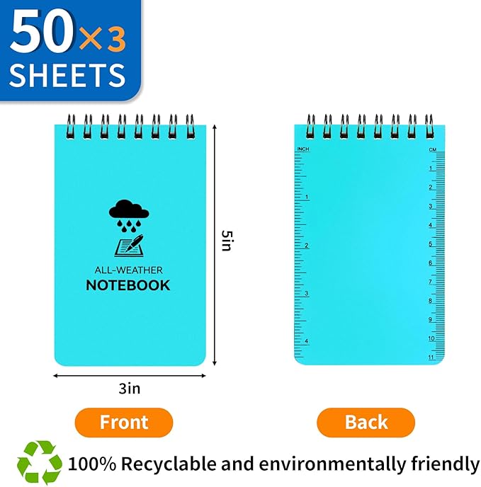 3 Pack Waterproof Notebook, 3 x 5 Pocket Notepad, All Weather Small Pocket Notebook Paper, Mini Spiral Notepad Police Notepad 100 Lined Pages for Outdoor Office