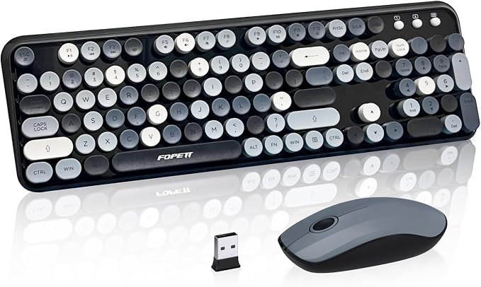 Wireless Keyboard and Mouse Combo, 105 Keys Full-Sized 2.4 GHz Round Keycap Colorful Keyboards, USB Receiver Plug and Play, for Windows, Mac, PC, Laptop, Desktop (Grey Colorful)