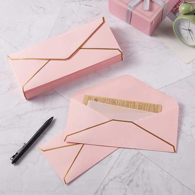 50 Pack #10 Business Envelopes with Gold Border, Self Seal Standard Envelopes with Gold Stickers for Office, Checks, Letter Mailing, Invoices, 4 1/8 x 9 1/2 Inches (Pink)