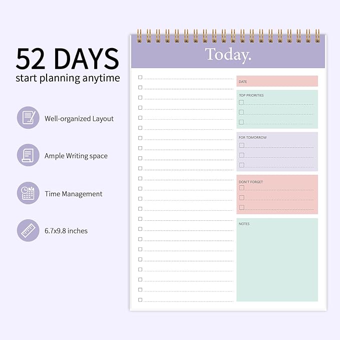 KMQOY To Do List Notepad - 3 Pack Daily Planner Pad Undated 52 Sheets Spiral Today Planner Note Pad Premium Thick Paper 6.5" x 9.8" For Work and Personal Organized(Purple)