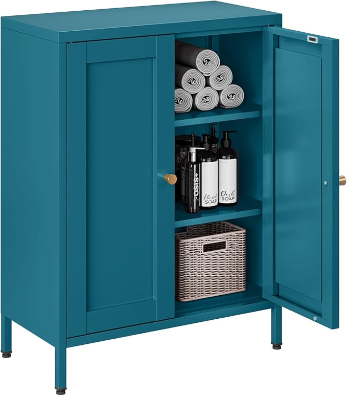 Bevivog Bathroom Floor Storage Cabinet,Metal Storage Sideboard with 2 Doors and 2 Adjustable Shelves,Modern Small Storage Cabinets, Blue Metal Locker for Entryway,Living Room,Hallway