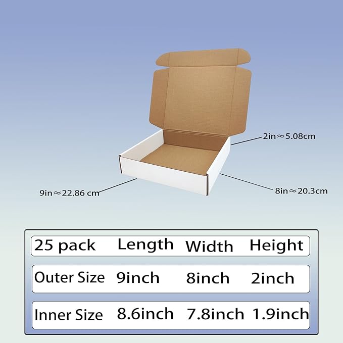 9x8x2 inch Shipping Boxes Set of 25， White Corrugated Cardboard Box Mailer Boxes for Packaging Small Business Shipping，Mailing Boxes Bulk for Birthday Wedding Party Book Literature Gift Giving