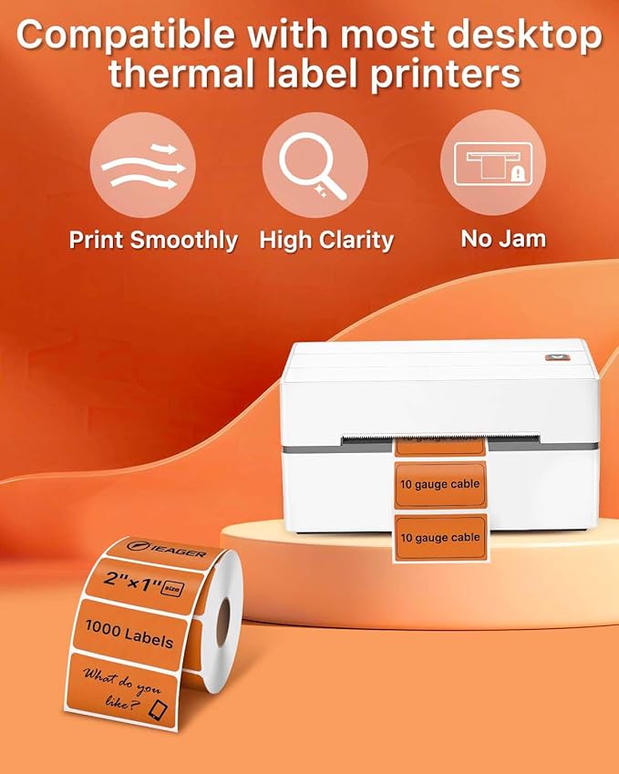 iEager 2x1 Inch Thermal Labels, Orange Rectangle Thermal Printer Stickers, Durable Shipping Label Printer Sticker for Barcode, Name, Address, 1000 Labels/Roll