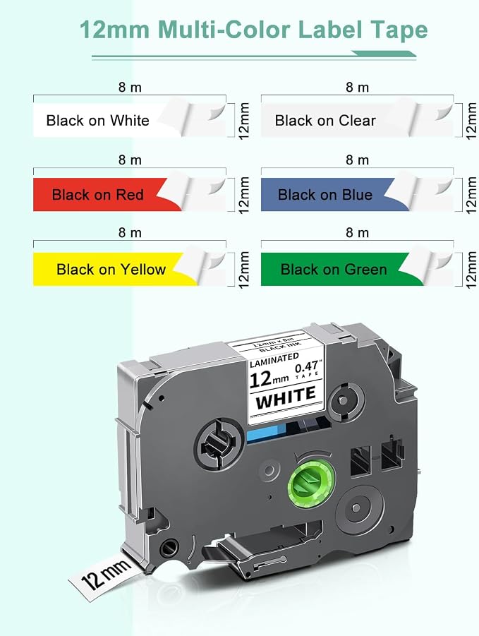 6-Pack Compatible for Brother Label Maker Tape 12mm 0.47" Multi Color | P Touch Tze Tz 12mm 0.47" Laminated Colored Tape Tze 231 131 431 531 631 731 1/2" Inch for PT-D220 PT-D210 PT1750 PTD400