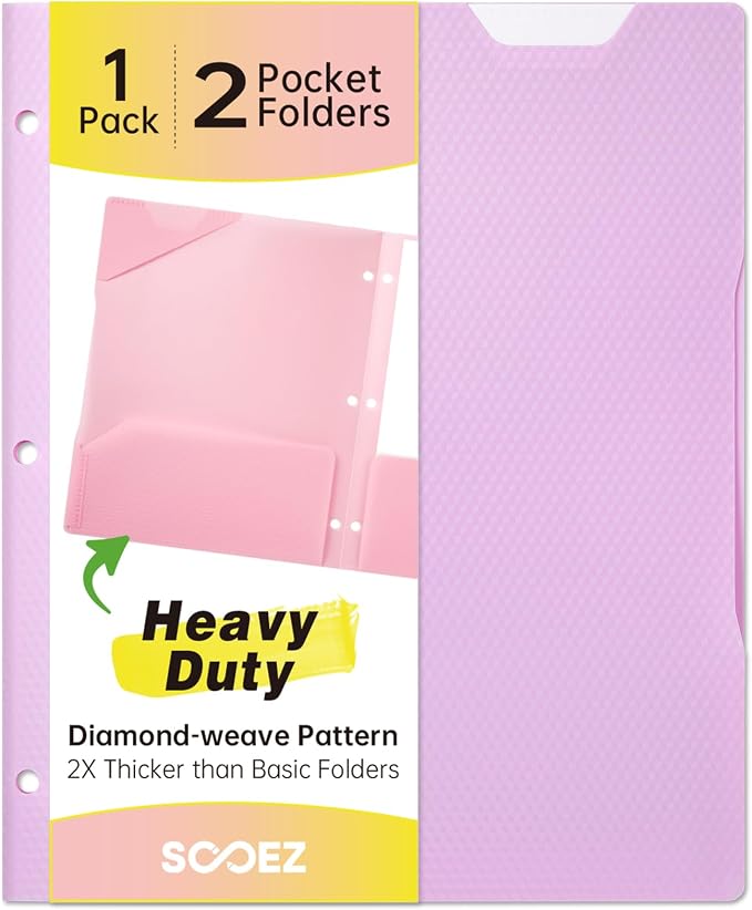 Sooez 2-Pocket Folders with Pockets, Plastic Heavy Duty, Fits 3-Ring Binder | 1 Pack Pocket Folder for 3 Ring Binder with Writable Label, Letter Size,Purple