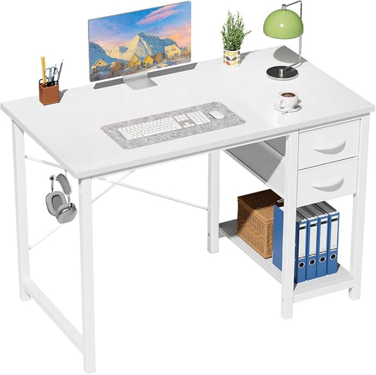 Sweetcrispy 40-Inch Computer Desk with Drawers, Office Desk, White | Small Desk for Bedroom Home Office with Side Hook, Modern Simple Desk with Storage for Writing