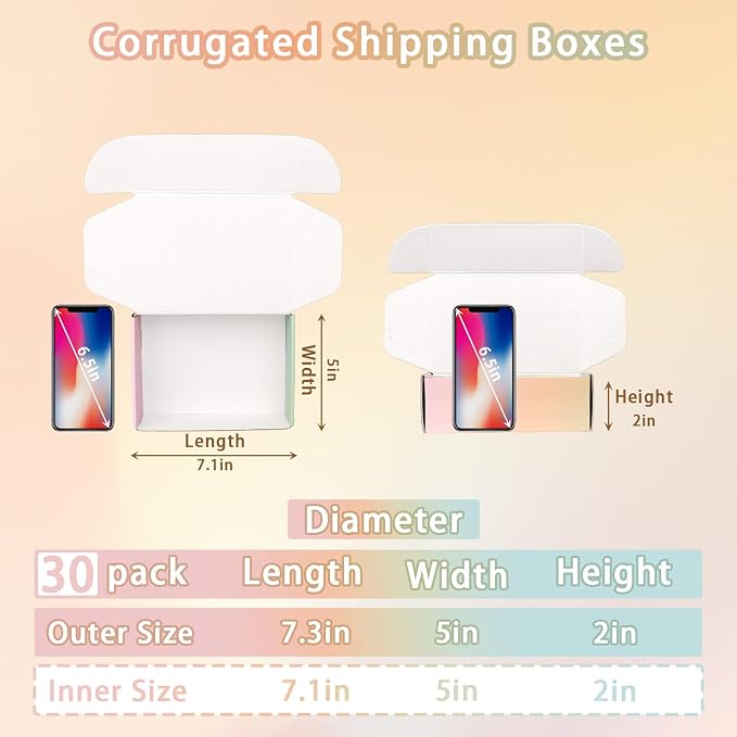 7x5x2 In Colorful Shipping Boxes for Small Business, 30 Pack Small Corrugated Cardboard Boxes for Shipping Waterproof