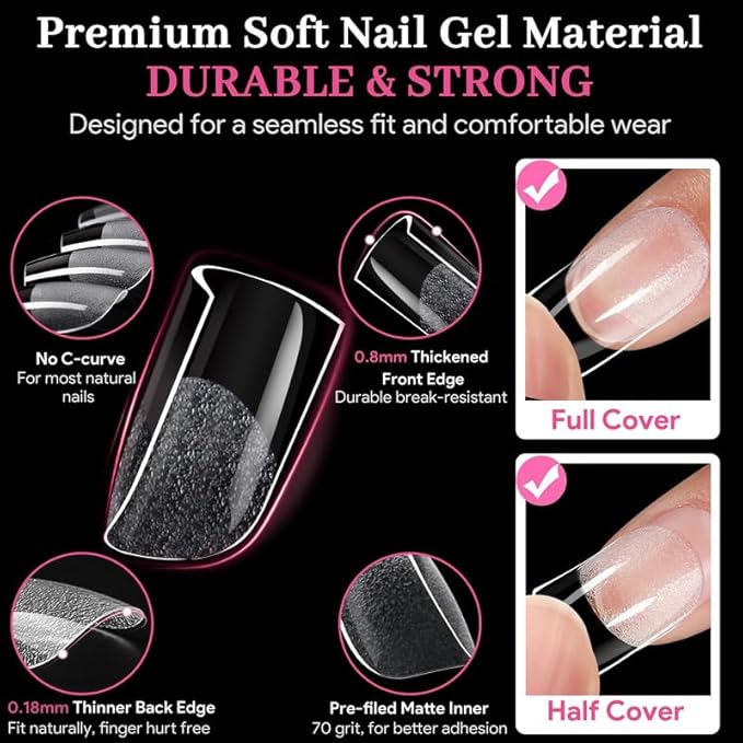 Extra Short Sharp Square Fake Nail Tips - 15 Sizes 240 PCS Clear French Half Matte Press On False Nail Tips Full Cover Gel Nail Tips Extensions Thick Long Lasting DIY Beginners & Salon Manicure