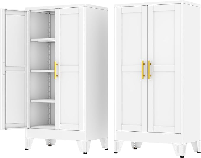 Metal Storage Cabinet with 2 Doors and 3 Adjustable Shelves - 47.2" Steel File Cabinet,Tool Cabinets for Office,Home,Garage,Gym,School,Bathroom,Kitchen(White)