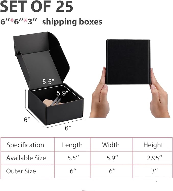 6x6x3 inch Black Shipping Boxes for Small Business- Set of 25 | Sturdy ECT 32 Corrugated Cardboard Mailer Boxes, Easy Assemble for Packaging, Mailing, Gift Giving & Ecommerce Packing