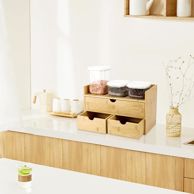 Bamboo Desk Organizer With Drawers Countertop Drawers Counter Storage Box Corner Desk Organizer for Home Office No Assembly Required (3 Drawers with shelf)