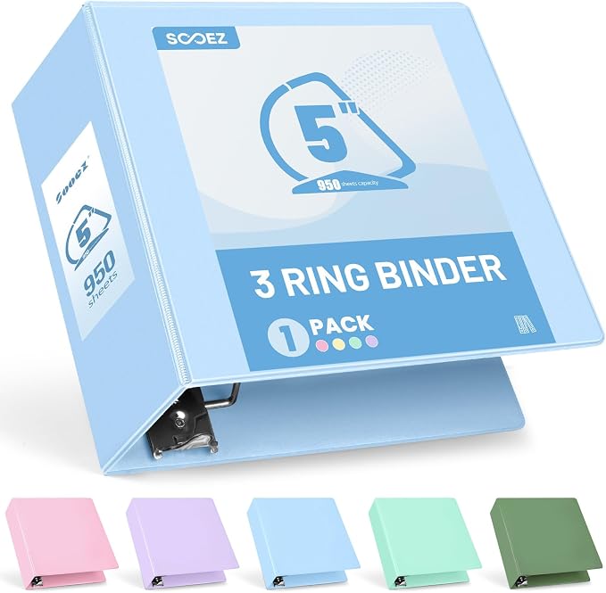 Sooez 3 Ring Binder 5 Inch, Extra Large Binder with Pockets, 8.5"x11" | Holds 950-Sheet of Letter Paper, Extra Durable, PVC-Free, Clear View Cover, Interior Pockets, Eco-Friendly, School, Office