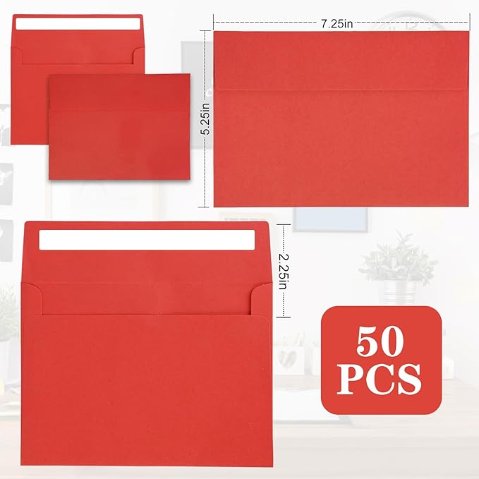 50Packs A7 Red Envelopes 5x 7 Inch Card Envelopes,Self Seal for Weddings, Greeting Cards,Mailing,Invitations,Photos,Postcards