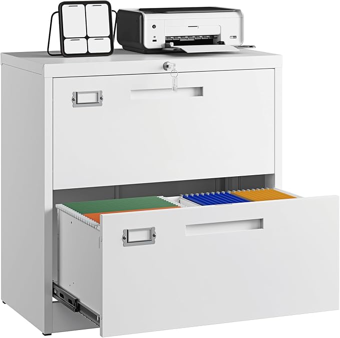 2 Drawer File Cabinet with Lock,Metal Lateral Filing Cabinet for Home Office,Hanging Letter/Legal/A4 Size (White, H27.95×W28.35×D15.74)