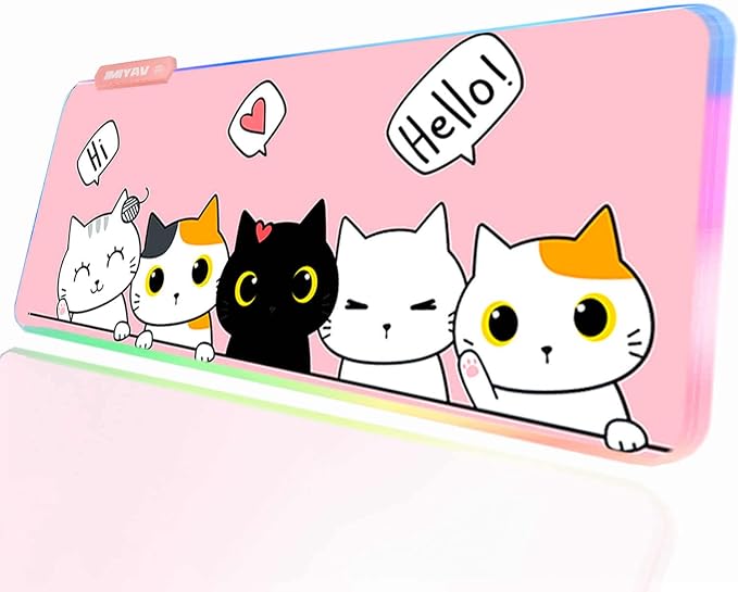 JMIYAV Pink Kawaii Cat RGB Gaming Mouse Pad 31.5x12 Inch PC XL Large Extended Glowing Led Light Up Cool Mouse pad Desk Pad Non-Slip Rubber Computer Mouse Mat Cute Mousepad 31.5x12 Inch