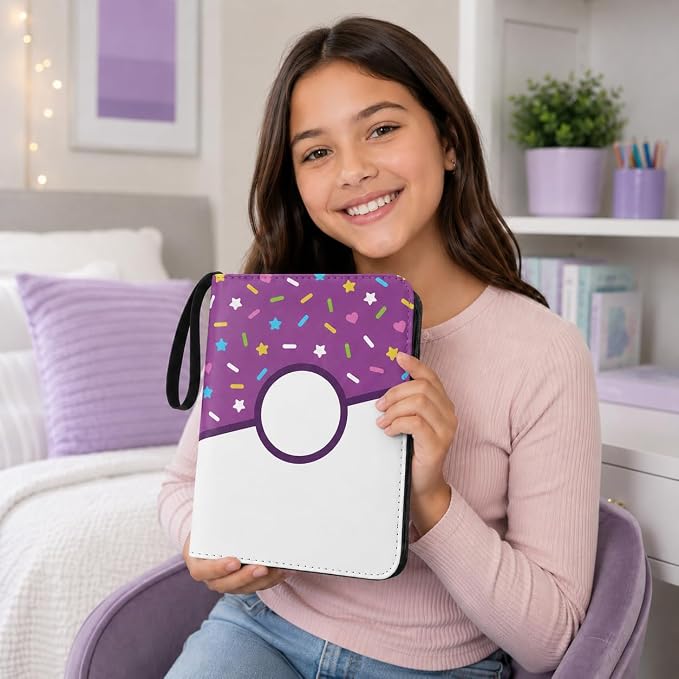4 Pocket Card Binder 400 Card Holder Album, Purple Donut Trading Cards Holder Zipper Binder for Girl Teen Collection (Purple Donut, 400 Pocket)