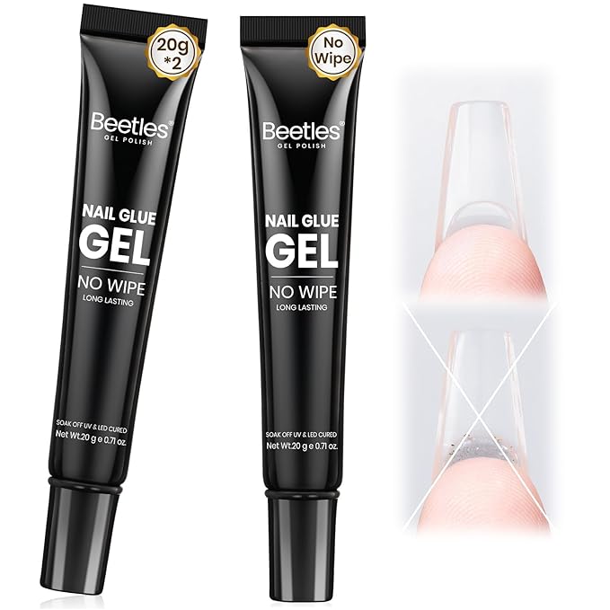 Beetles Solid Nail Glue Gel 2Pcs 20g for Nail Tips, No Wipe Hands-Free Nail Tip Glue, Super Strong for Press On Nails, Acrylic Fake Nails & Nail Extensions, 3D Nail Art, UV/LED Lamp Required