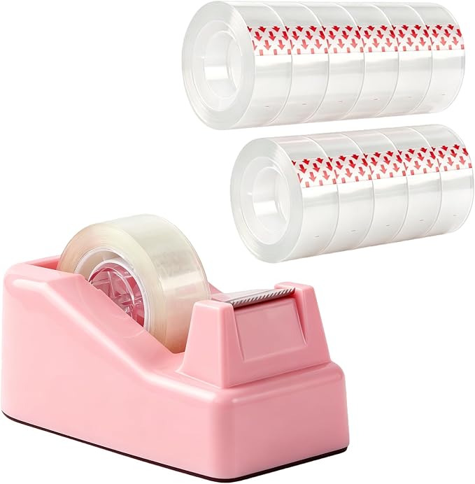 Desktop Tape Dispenser with Nonskid Base,Includes 12Rolls of Tape | [Pink] [Transparent Tape (0.71” x 1000” Per Roll)] [Heavy-Duty Non-Slip Office Tape Dispenser for Home, Office]
