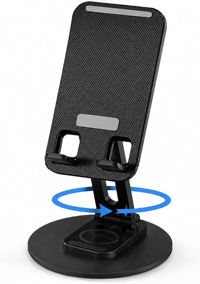 360° Rotating Cell Phone Stand for Desk (Black, K39B) | Adjustable & Foldable Phone Holder, Aluminum Desktop Phone Stand with Anti-Slip Base, Phone Holder for Desk