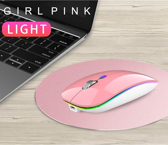 Uiosmuph LED Wireless Mouse, G12 Slim Rechargeable Silent Mouse, 2.4G Portable USB Optical Wireless Computer Mice with USB Receiver and Type C Adapter (Pink)