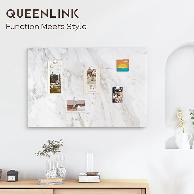 Decorative Magnetic Board for Wall, 24''x18'' Dry Erase Board, White Marble | Magnet Board, Display Board, Wall Mounted, for Home, Office, Kitchen, 2 Markers, 6 Magnets