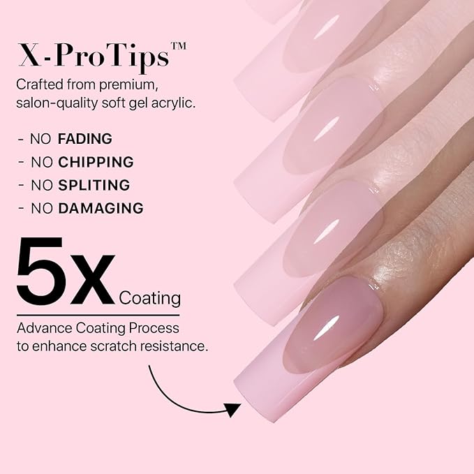 SXC Cosmetics French Tip Press On Nails 150 Pieces in 15 Sizes Ultra Fit with Pre-applied Tip Primer and Base Coat, No Need to File Fake Nails for Nail Art DIY X-Pro Tips (5PINK117-M Square)