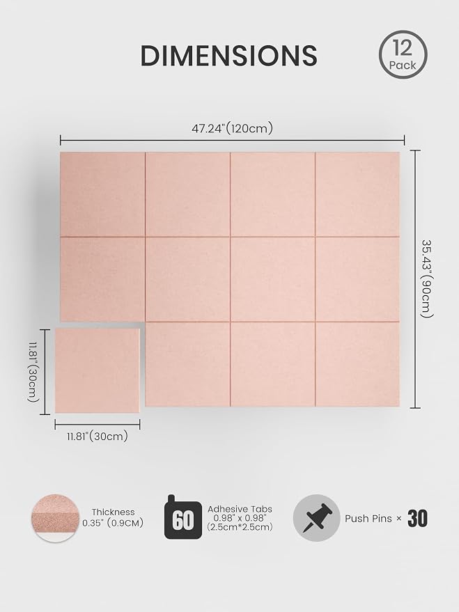 Bumusty 48"x 36" Large Felt Bulletin Board Tiles, Pink | 12-Pack Cork Board Alternative, Wall Decor, 30 Pushpins, 60 Adhesive Tabs, Vision Board, Office, Classroom, Home, Dorm