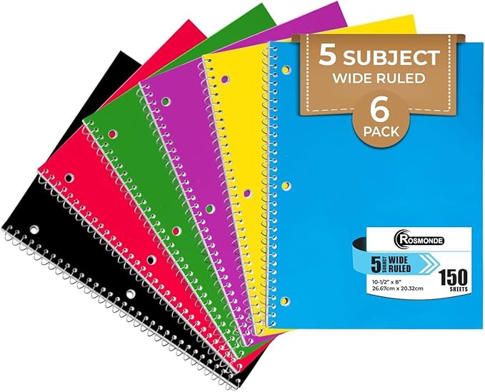 6 Pack, 5 Subject Notebook Wide Ruled, 150 Sheets (300 Pages) | No-Bleed Paper, 8 x 10-1/2", 5 Subject Spiral Notebook with Dividers, 150 Sheets, 3 Hole Punched, Spiral Notebooks for School