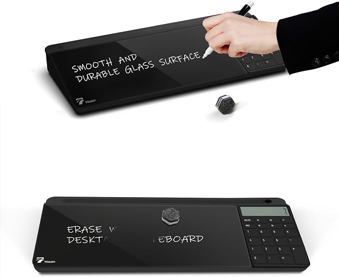 TOWON Glass Desk Whiteboard with Calculator 17x6 in, Desk Organizer, Black | Desktop whiteboard with 12-digit LCD calculator. Storage for office, home, school. Glass dry erase with accessories.