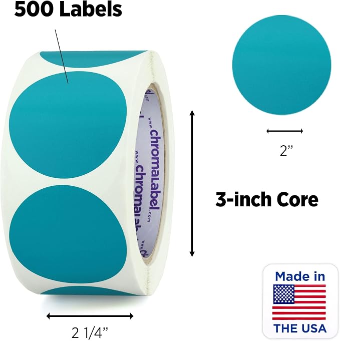 2 Inch Teal Round Stickers, Writable Labels, 500/Roll | Teal Round Stickers for Color Coding, Inventory, Warehouses, Retail, Classrooms, Moving and Organization. Made in USA