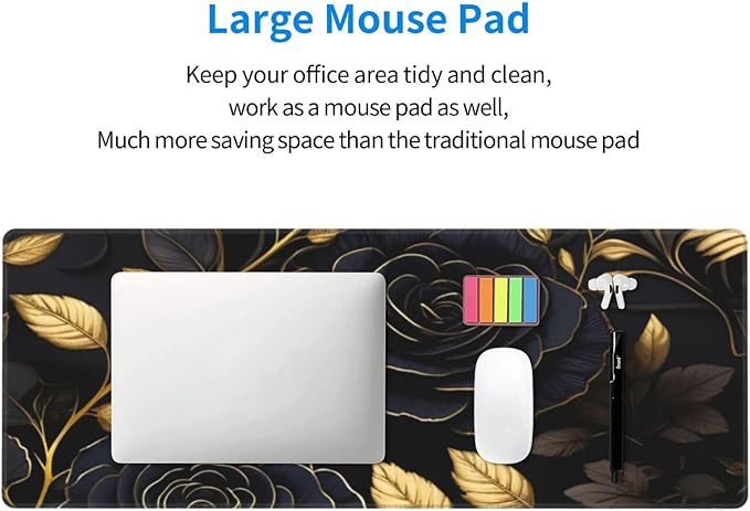 Gaming Mouse Pad, Large Non-Slip Rubber Base Mousepad, Keyboard Mouse Mat, Desk Pad with Stitched Edges, 31.5x11.8inch, Black Flower