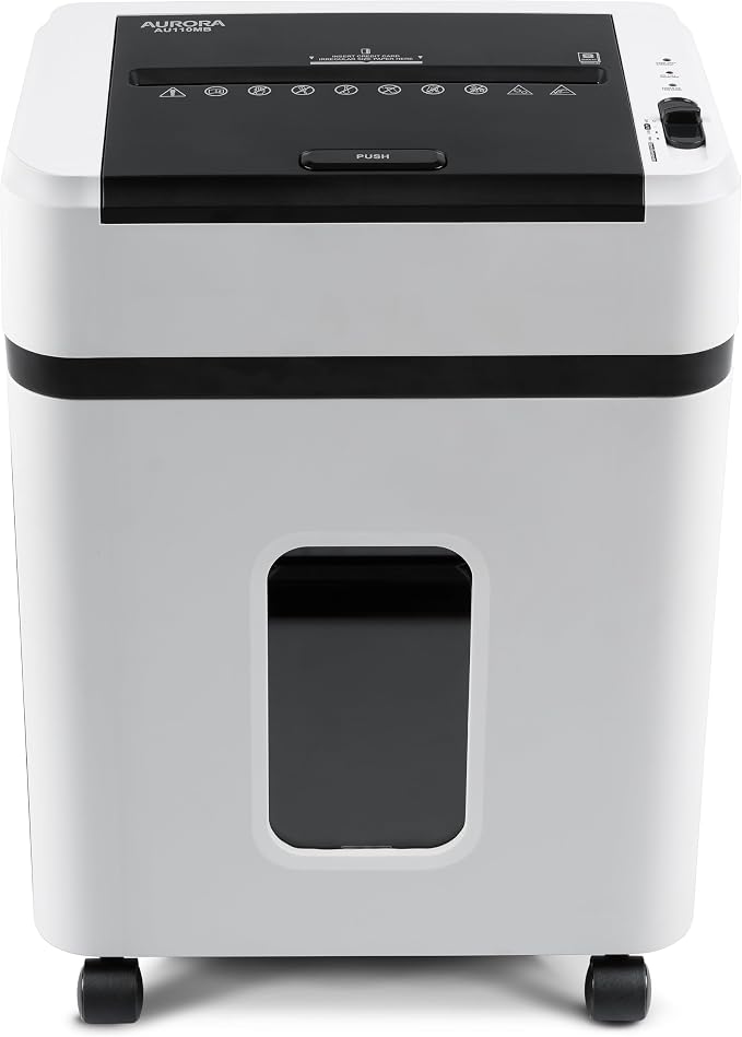 Aurora High Security AU110MB 110-Sheet Auto Feed Micro-Cut Paper and Credit Card Shredder with 4 Gallon Pullout Basket / 30 Minutes/Security Level P-4 (White/Black)